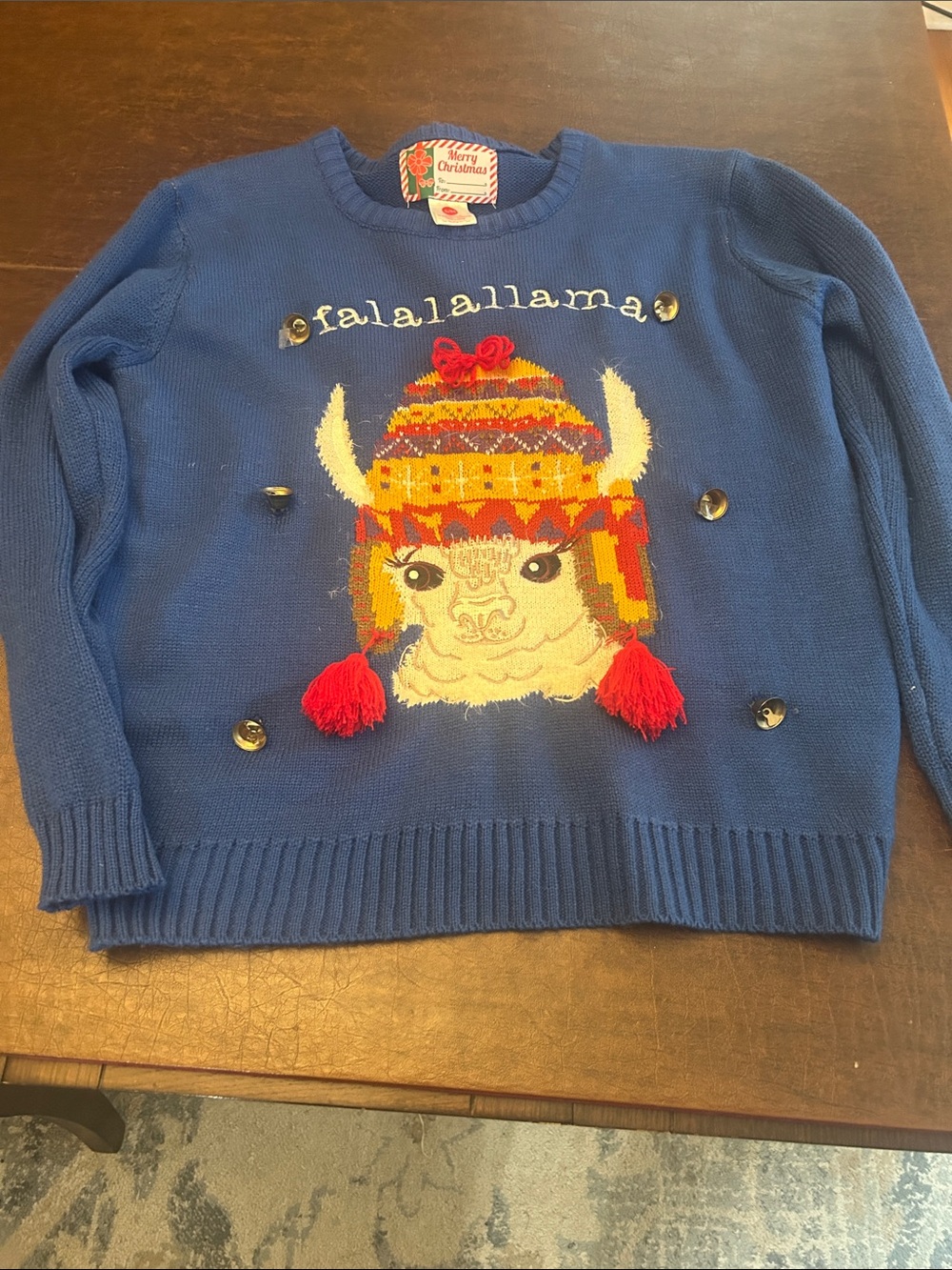 Blue Holiday Sweater with Festive Llama Graphic
